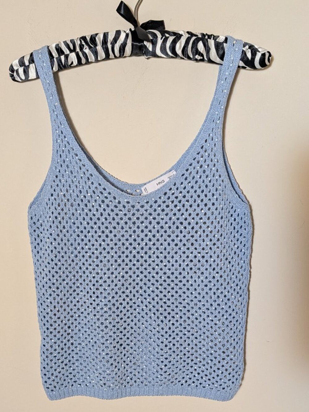 Mango Open Stitch Crochet Rhinestones Embellished Scoop Neck Tank Top M Sky Blue